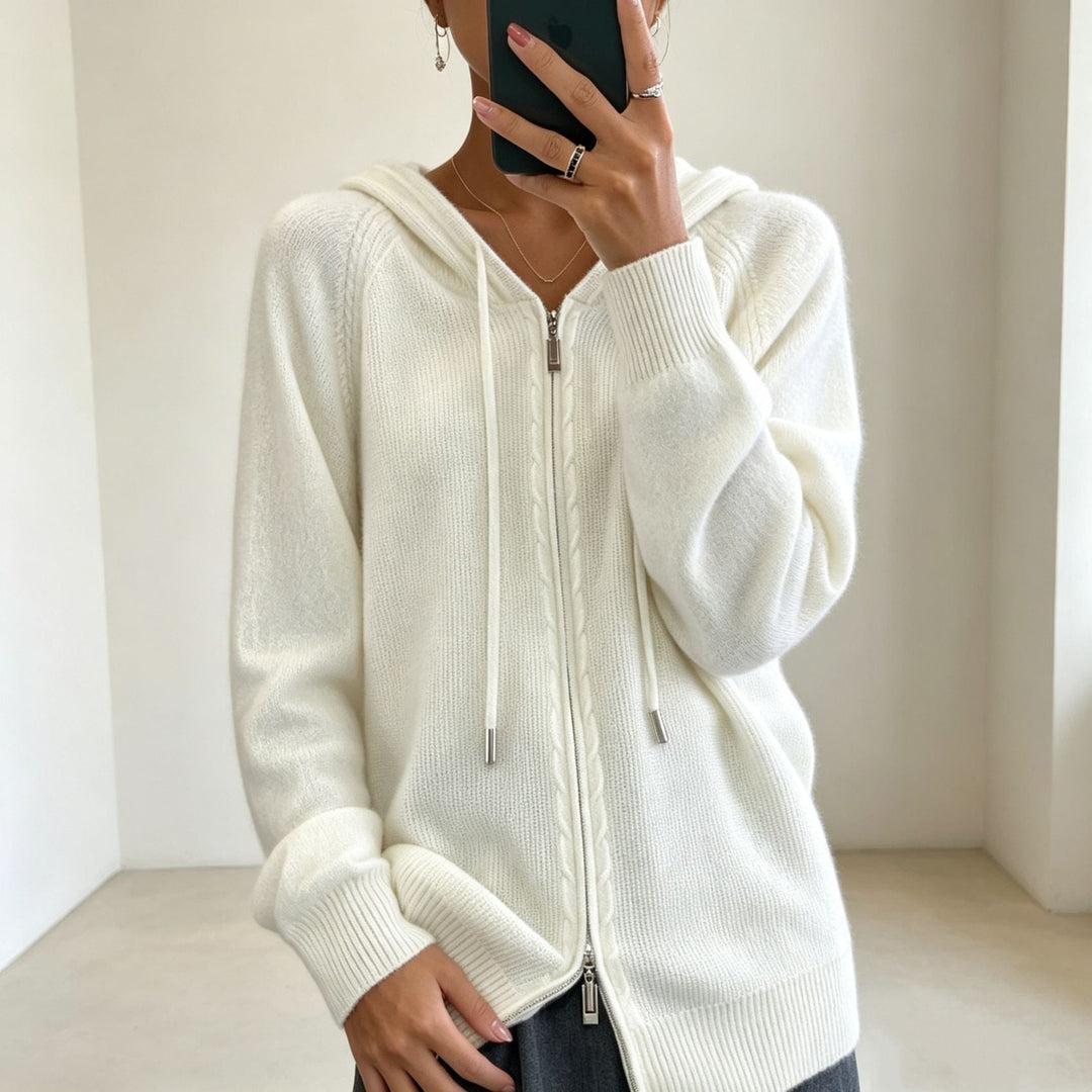 Women's Hooded Cardigan with Zipper, Fine Knit and Ribbed Cuffs