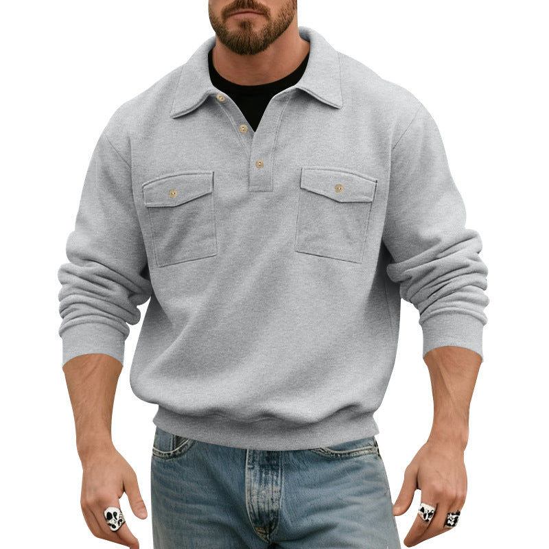 Men's Polo Collar Sweatshirt with Patch Chest Pockets and Ribbed Cuffs