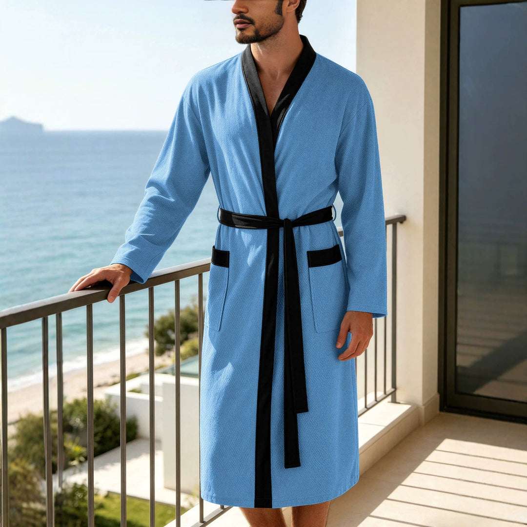 Men's Lightweight Cotton Kimono Bathrobe with Waffle Texture and Patch Pockets