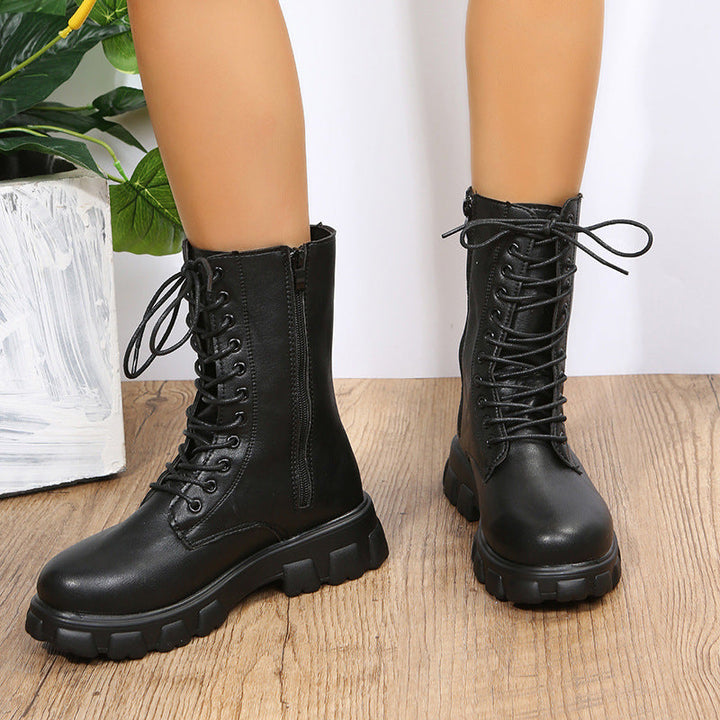 Women's Platform Biker Boots with Side Zipper, Lacing and Distinctive Profile Sole