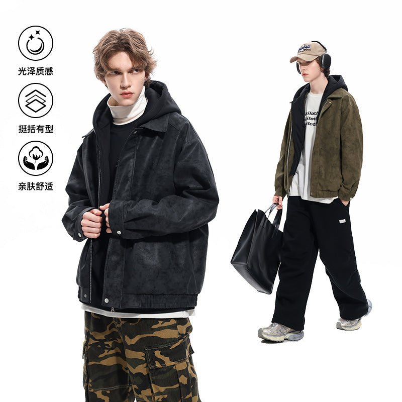 Men's Oversized Suede Look Bomber Jacket with Hood and Double Zipper