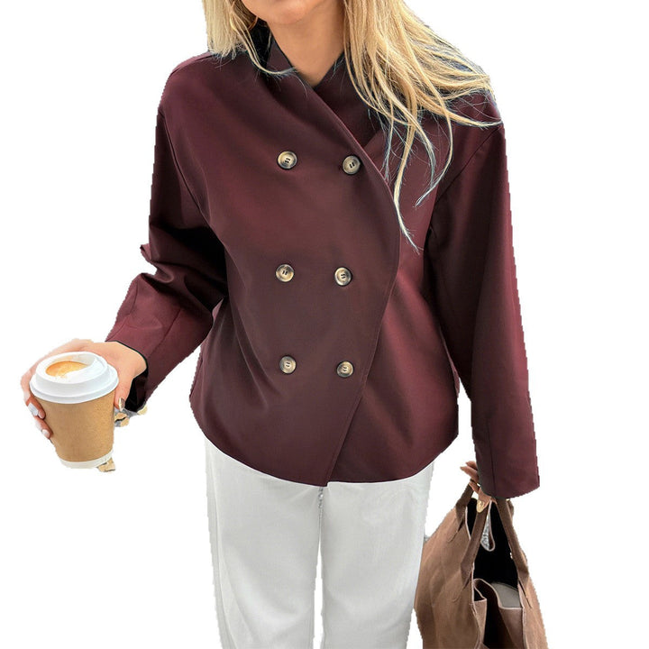 Women Short Oversized Double-breasted Transitional Jacket with Kimono-like Collar and Wide Sleeves