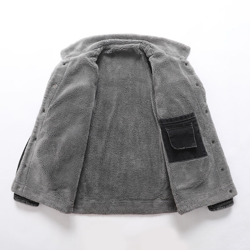 Men's Vintage Denim Jacket with Sherpa Lining, Shirt Collar and Functional Pockets