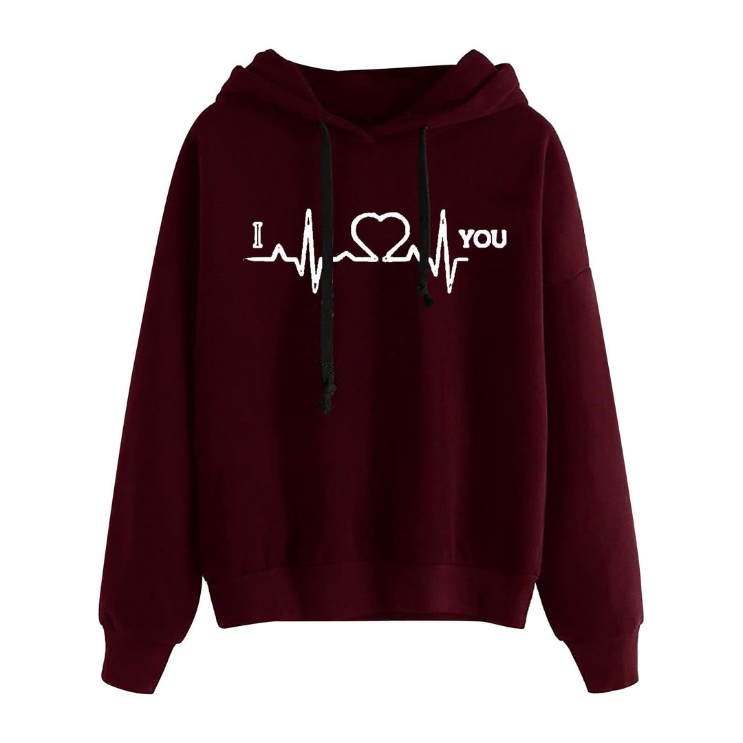 Women Light Oversized Hoodie with Heart EKG Motif, Long Cords and Elastic Cuff