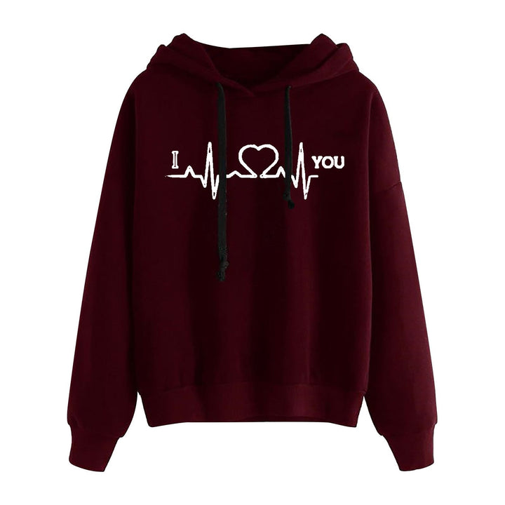 Women Light Oversized Hoodie with Heart EKG Motif, Long Cords and Elastic Cuff