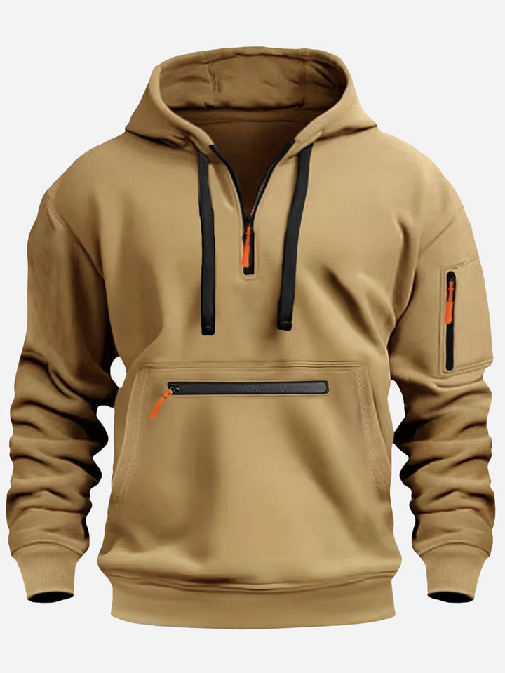 Men's Hoodie with Half Zip, Kangaroo Pocket and Hidden Zippers