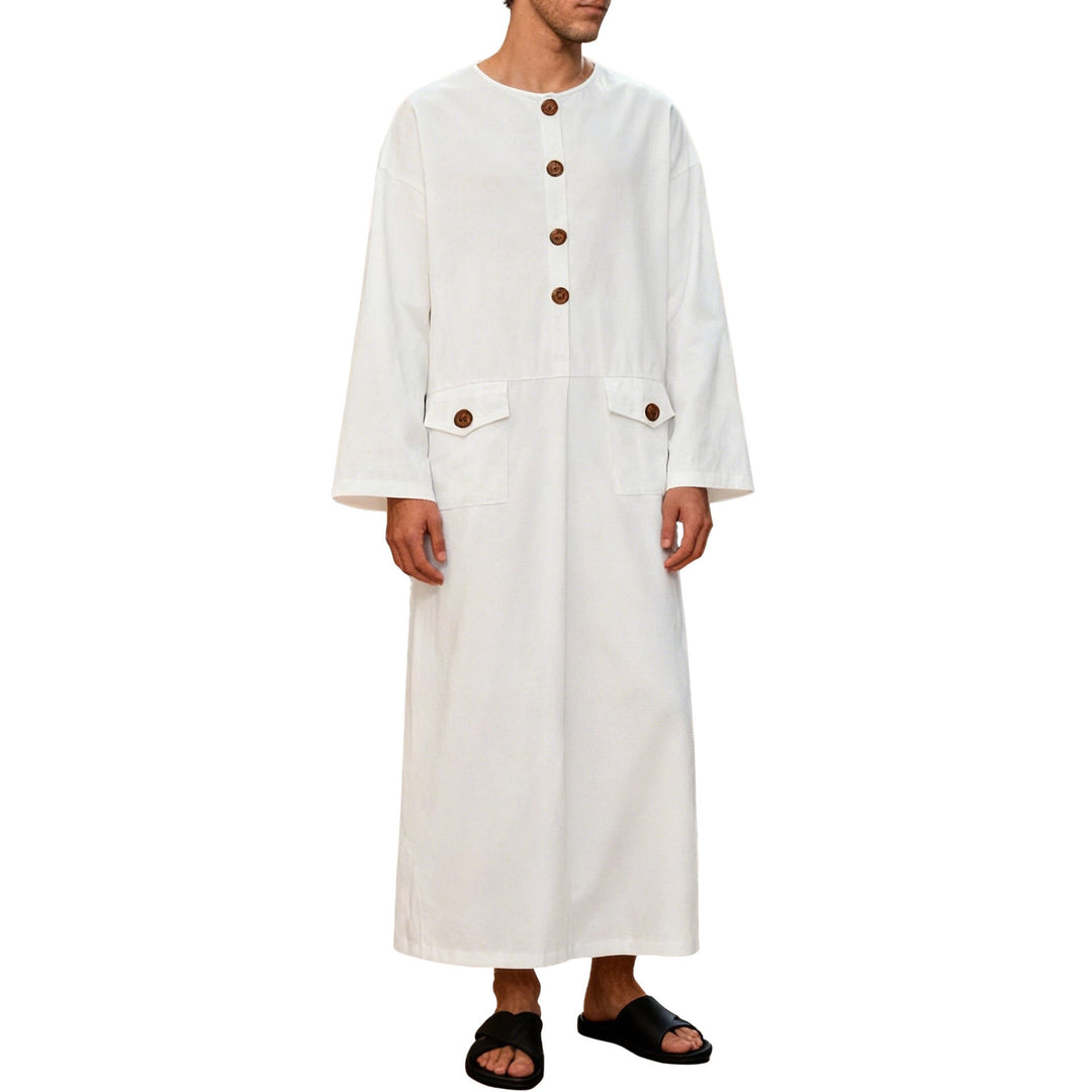 Men's Long Minimalist Coat with Round Neckline, Continuous Button Placket, and Applied Flap Pockets