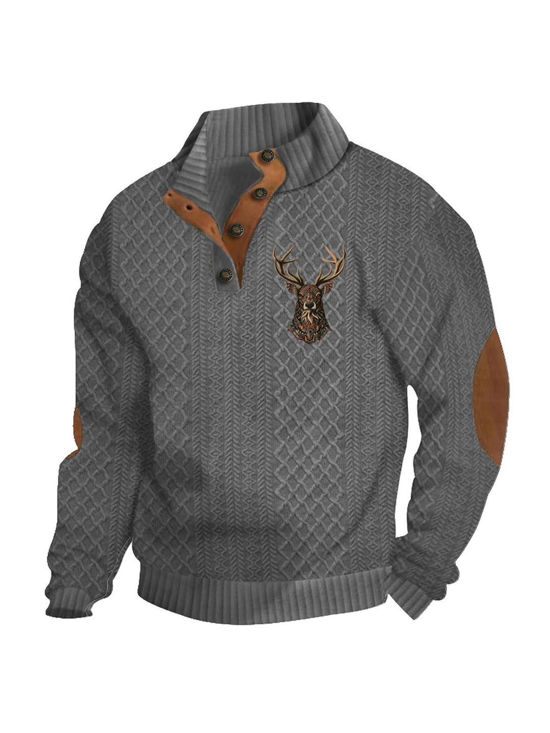 Men's Heritage Textured Pullover with Stand-up Collar Faux Leather Trim Elbow Patches and Half-button Placket