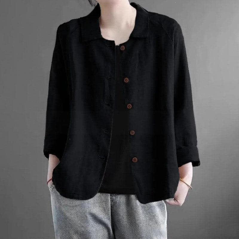 Women's Oversized Linen Shirt Jacket with Shirt Collar, 3/4 Sleeves and Continuous Button Placket