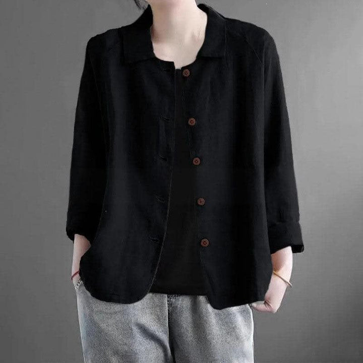 Women's Oversized Linen Shirt Jacket with Shirt Collar, 3/4 Sleeves and Continuous Button Placket