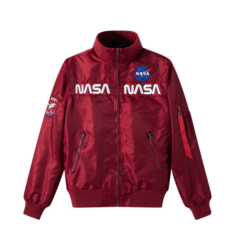 Men's Retro Space-logo Nylon Zip Bomber with Angled Zip Pockets and Utility Sleeve Tab