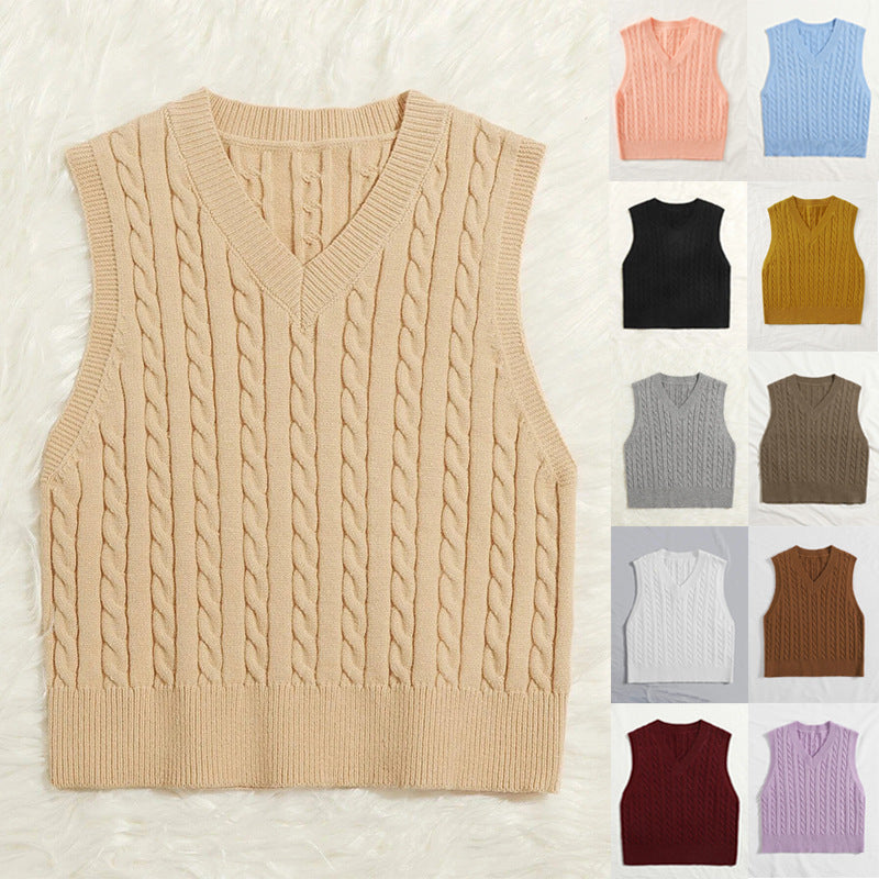 Women's Knit Vest with V-Neck and Cable Pattern