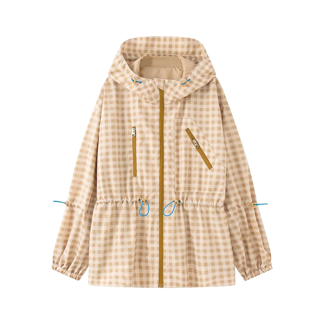 Women's Checkered Rain Parka with Hood, Drawstring Waist and Diagonal Zippered Pockets