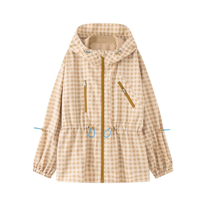 Women's Checkered Rain Parka with Hood, Drawstring Waist and Diagonal Zippered Pockets