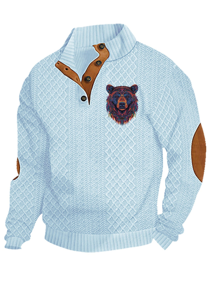Men's Heritage Textured Pullover with Stand-up Collar Faux Leather Trim Elbow Patches and Half-button Placket