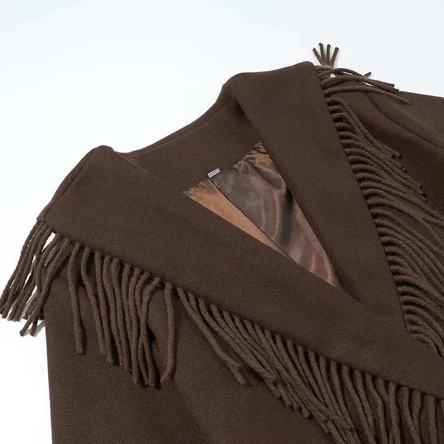 Women's Long Fringed Coat with Voluminous Shawl Collar, Waist Belt and Patch Pockets