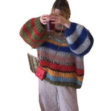 Women's Cozy Knit Sweater with Flared Sleeves and Colorful Stripe Pattern