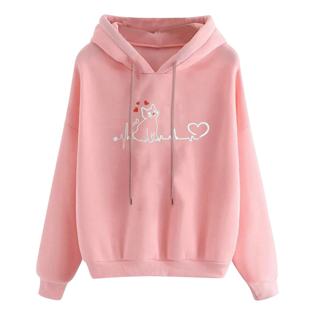 Women Light Oversized Hoodie with Heart EKG Motif, Long Cords and Elastic Cuff