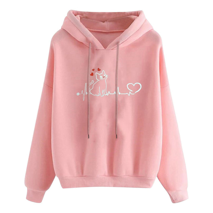 Women Light Oversized Hoodie with Heart EKG Motif, Long Cords and Elastic Cuff