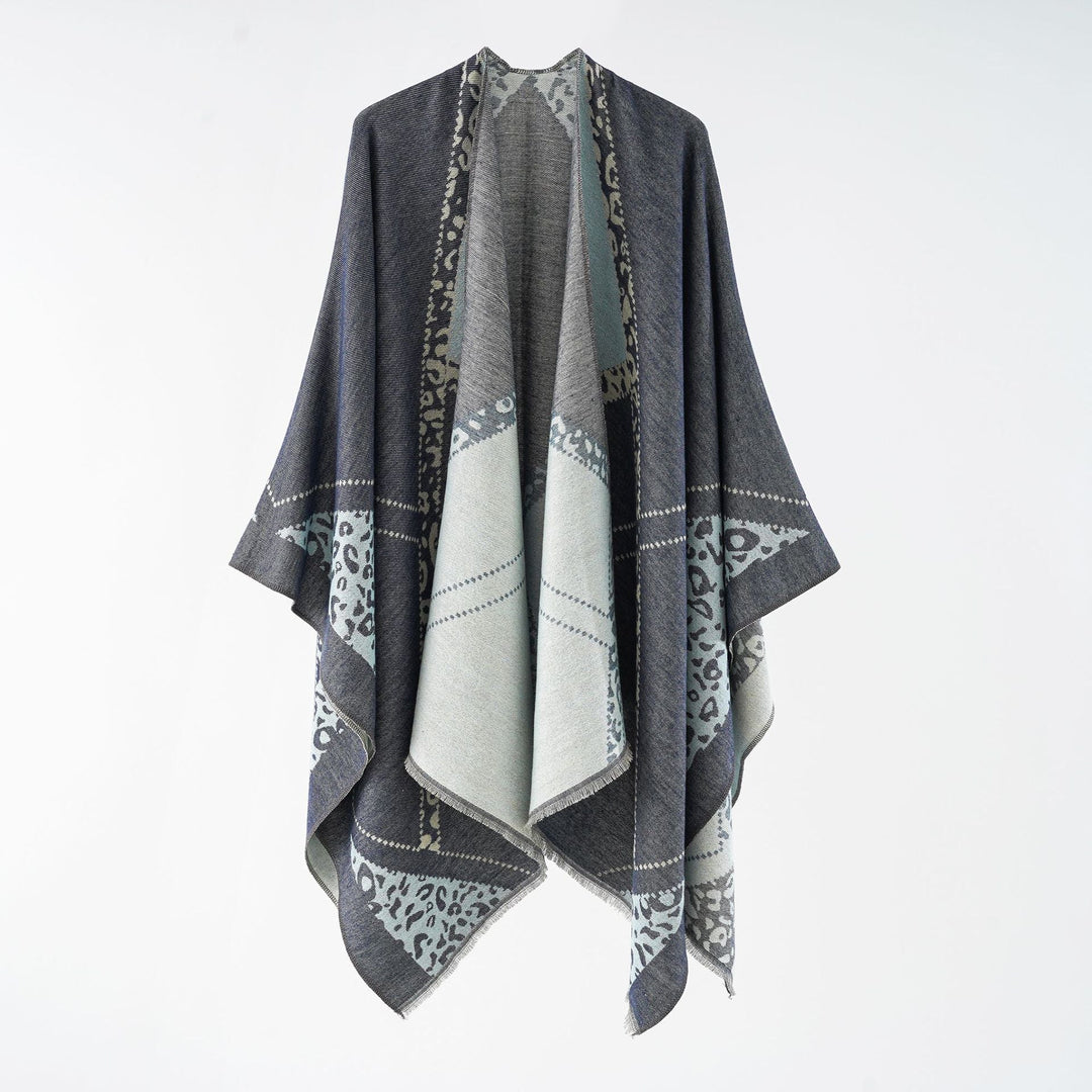 Women's Oversize Cape Throw with Jacquard Woven Patch Motifs and Fringed Hem