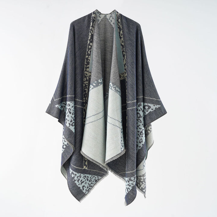Women's Oversize Cape Throw with Jacquard Woven Patch Motifs and Fringed Hem