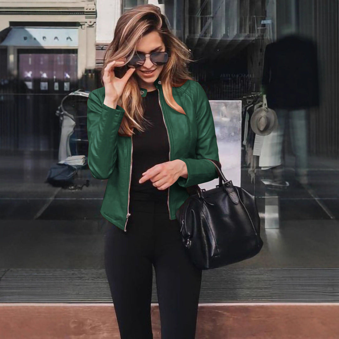 Women's Tailored Leather Jacket with Stand-up Collar and Concealed Zipper