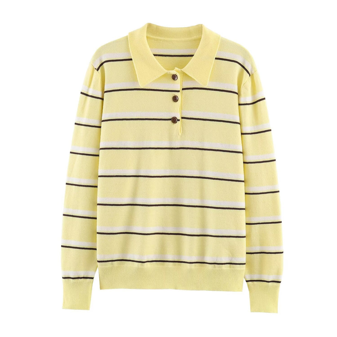 Women's Striped Fine Knit Polo Sweater with Button Placket, Ribbed Cuffs, and Light Wool Blend