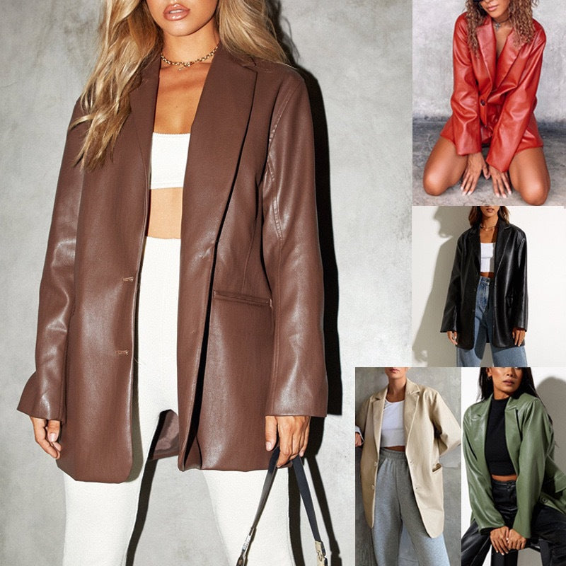 Women's Oversized Faux Leather Blazer Jacket