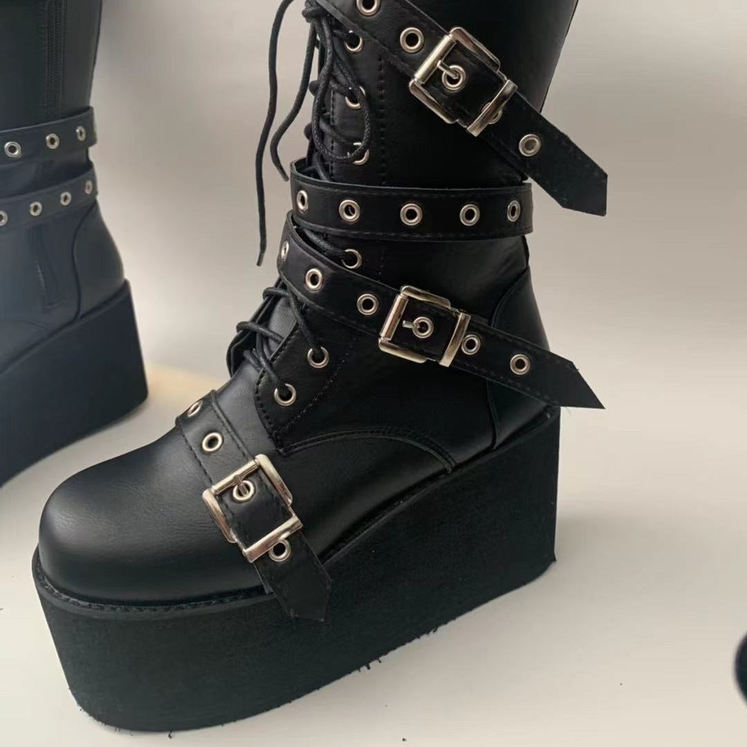 Women's Platform Combat Boots with Buckles, Eyelets, Lacing, and Side Zipper