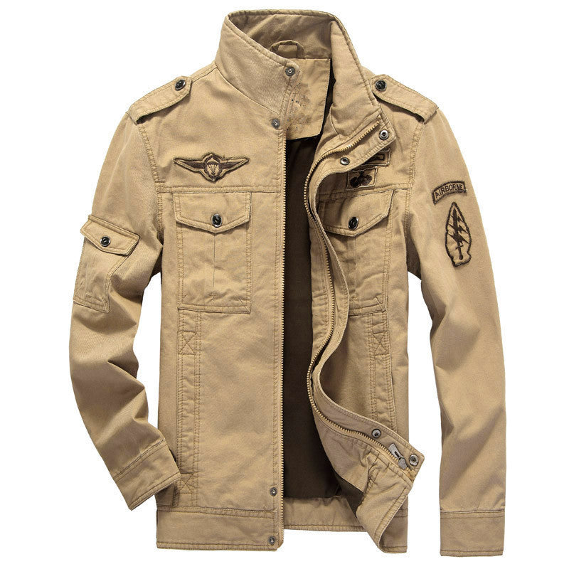 Men's Canvas Field Jacket in Military Utility Style with Shoulder Epaulettes and Multi Pockets