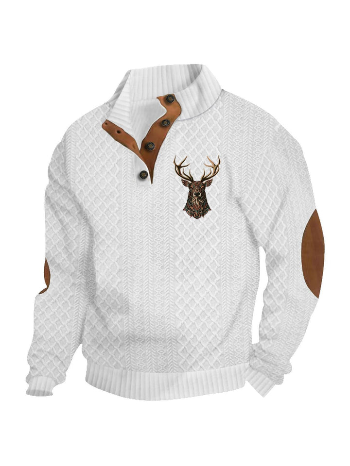 Men's Heritage Textured Pullover with Stand-up Collar Faux Leather Trim Elbow Patches and Half-button Placket