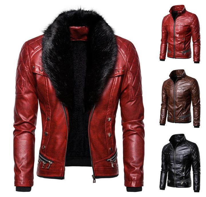 Men's Biker Leather Jacket in Vintage Look with Quilted Shoulder and Wide Faux Fur Collar