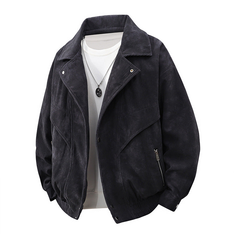 Men's Nano Oversized Cord Jacket with Wide Lapel, Zipper Pockets, and Elastic Hem