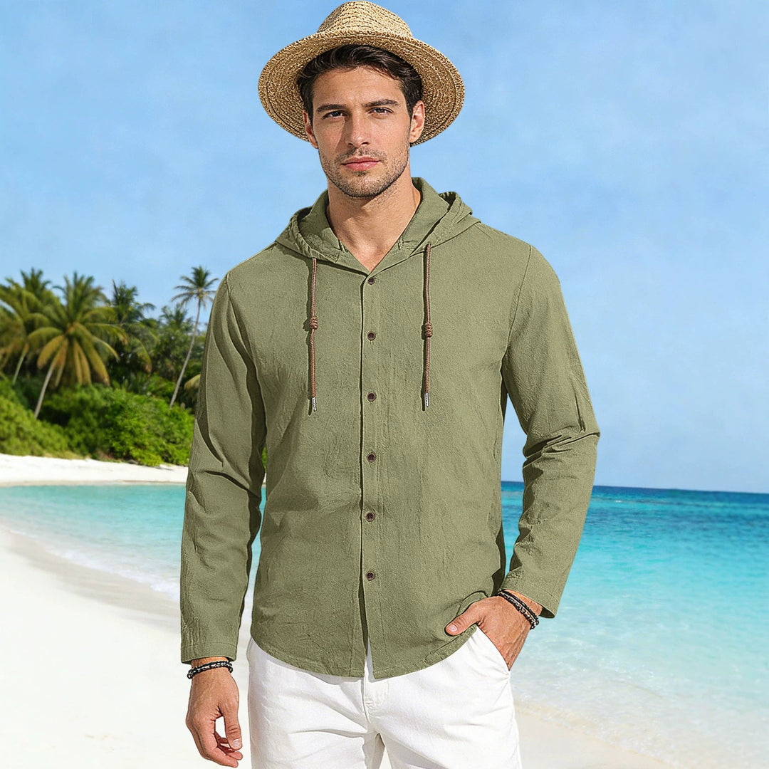 Men's Textured Linen Blend Hooded Shirt with Button Placket, Wood Buttons, and Side Slits