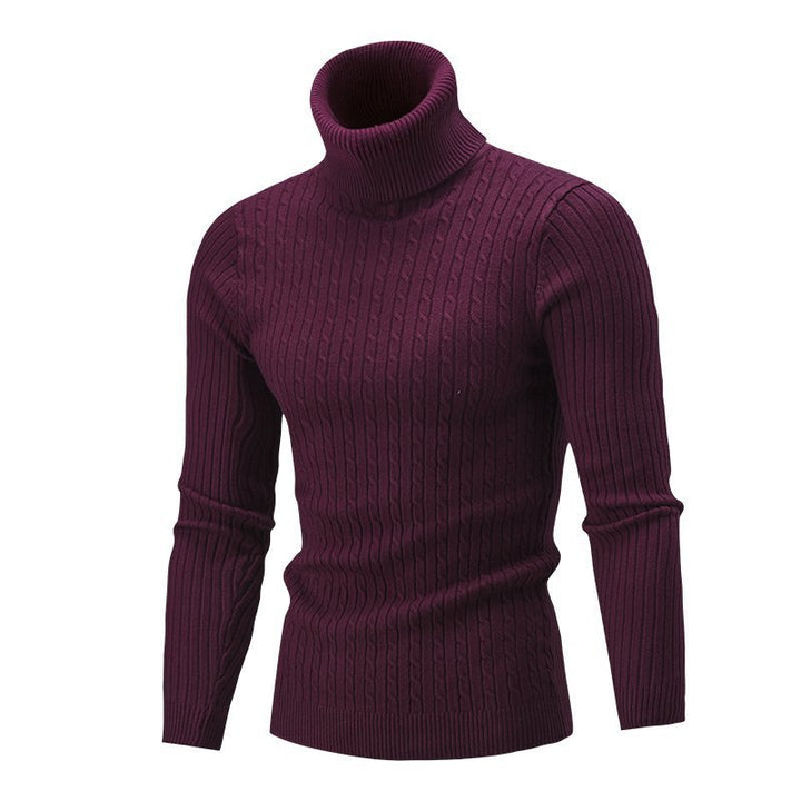 Men's Ribbed Turtleneck Sweater with Cable Knit Pattern and Form-fitting Slim-fit Silhouette