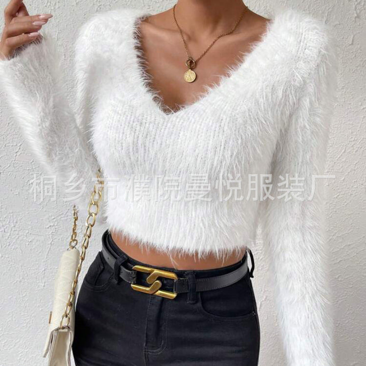 Women's Fluffy Crop Sweater with V-Neck and Eyelash Structure