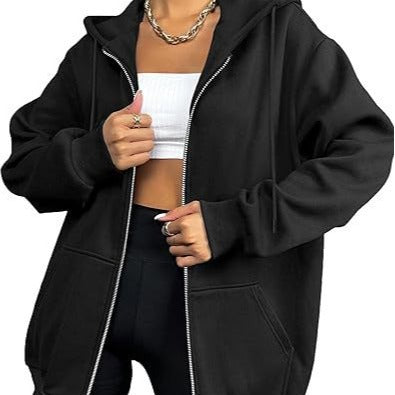 Women's Oversized Zip Hoodie with Contrasting Zipper, Double-layered Hood and Kangaroo Pocket