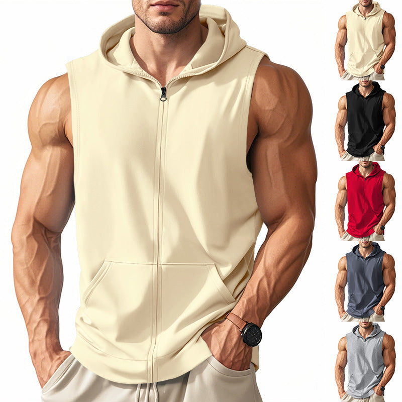 Men's Sleeveless Zip Hooded Vest with Kangaroo Pocket and Athletic Cut