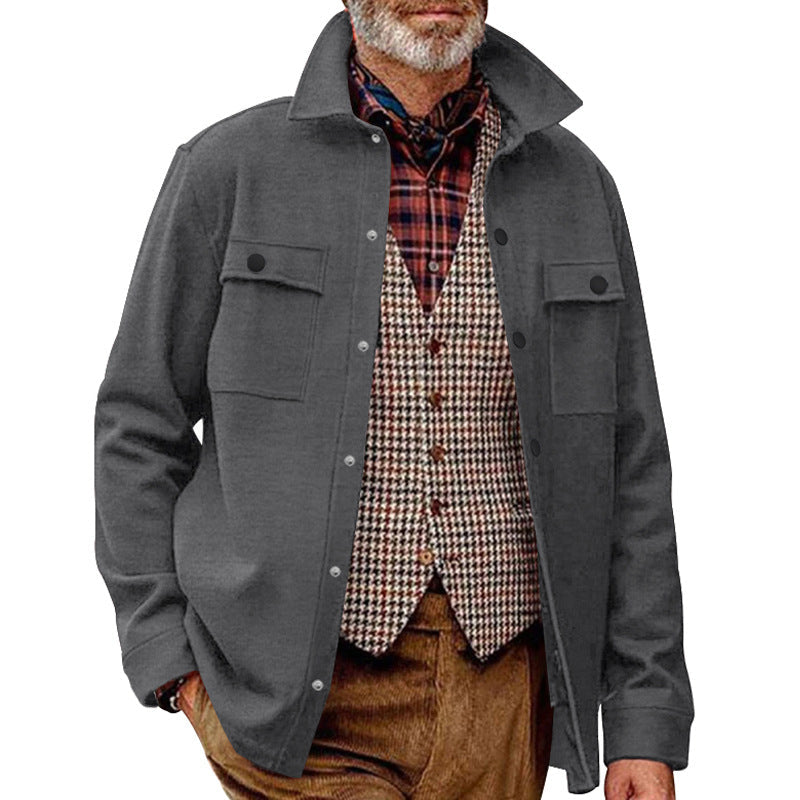 Men's Fleece Shirt Jacket with Two Chest Pockets and Stylish Stand-Up Collar