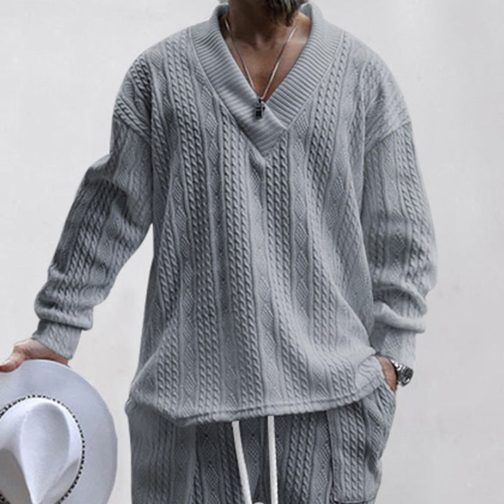 Men's Oversize Cable Knit Long Sweater with Deep V-Neck and Matching Knit Pants