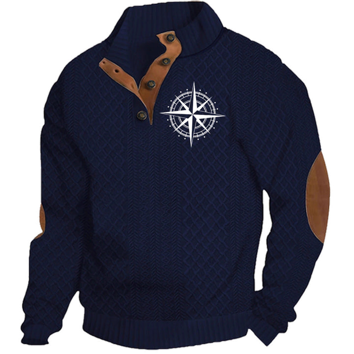 Men's Heritage Textured Pullover with Stand-up Collar Faux Leather Trim Elbow Patches and Half-button Placket