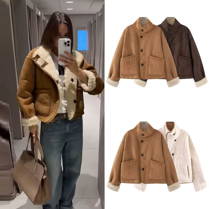 Women's Short Sheepskin Look Jacket with Stand-Up Collar and Large Patch Pockets