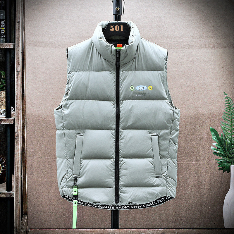 Men's Padded Quilted Vest with High Stand-up Collar and Drawstring Hem