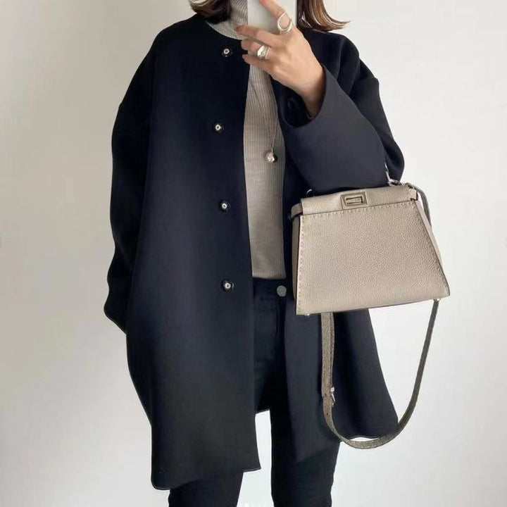 Women Oversized Wool Blend Coat with Pearl Buttons and Straight Cut