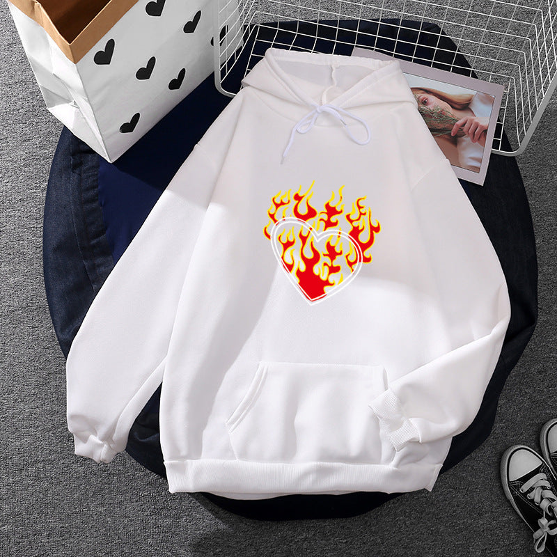 Women Light Oversized Hoodie with Heart EKG Motif, Long Cords and Elastic Cuff