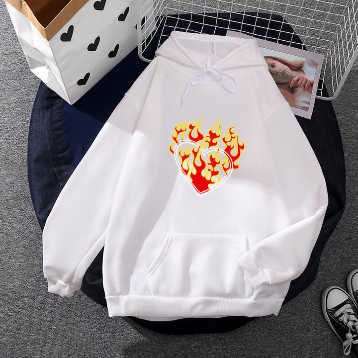 Women Light Oversized Hoodie with Heart EKG Motif, Long Cords and Elastic Cuff