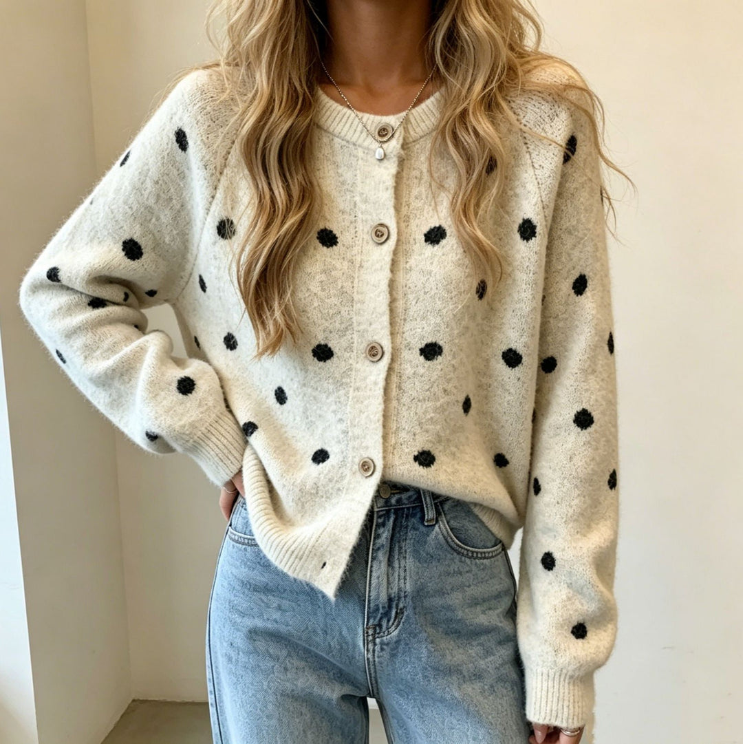 Women's Polka Dot Mohair-Style Button Cardigan with Round Neck
