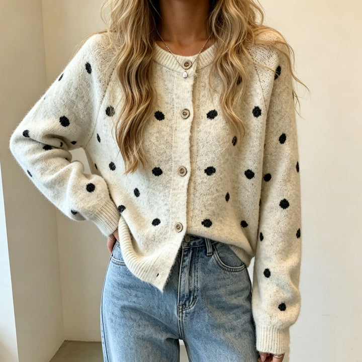 Women's Polka Dot Mohair-Style Button Cardigan with Round Neck