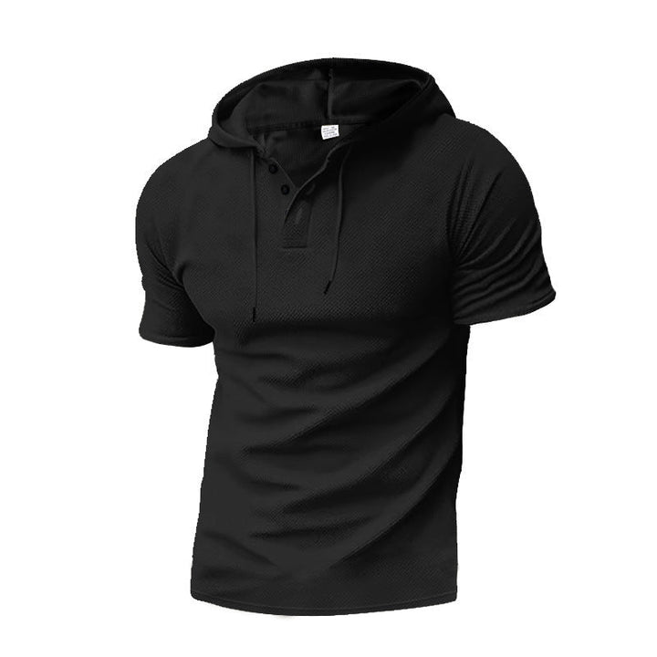 Men's Short Sleeve Hooded Polo with Three-button Placket and Fine Structured Jersey