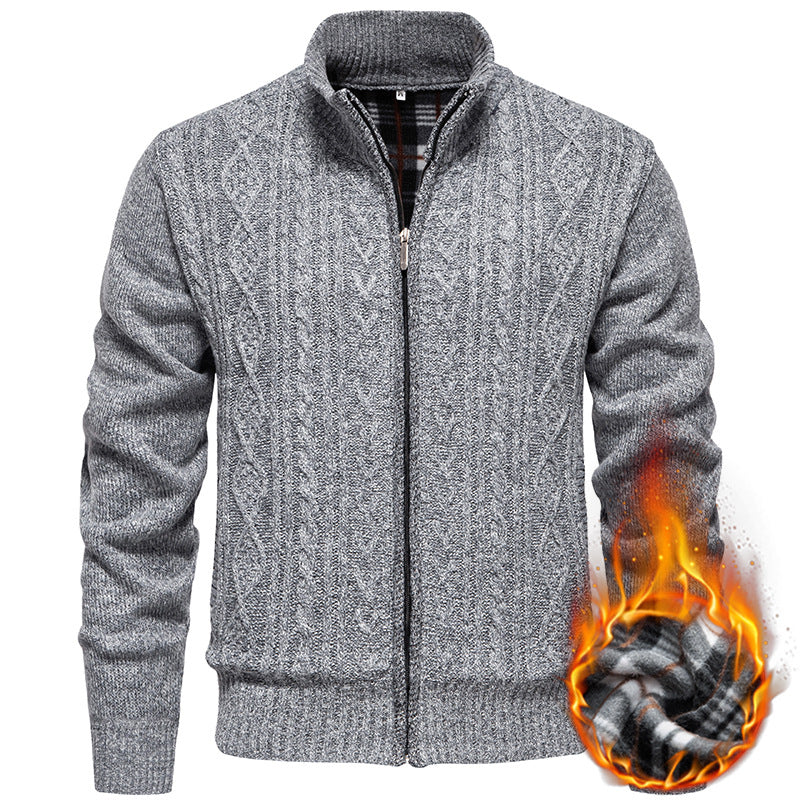Men's Chunky Knit Cardigan with Cable Pattern, Stand-up Collar and Checked Inner Lining